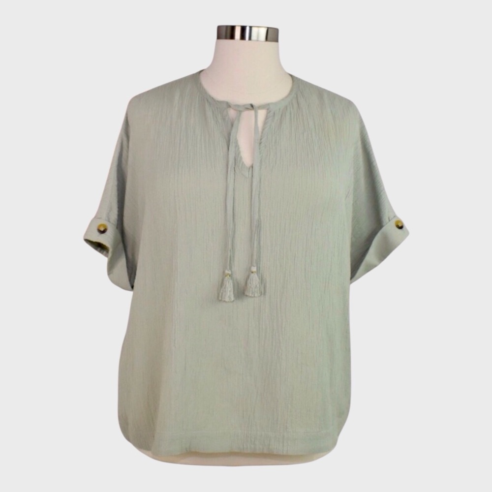 Soft Surroundings Tassel Tie Crinkle Sage Blouse‎ Top